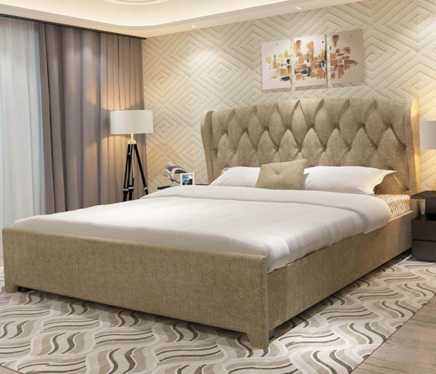 Beige Double Fabric Wing Bed 6X6